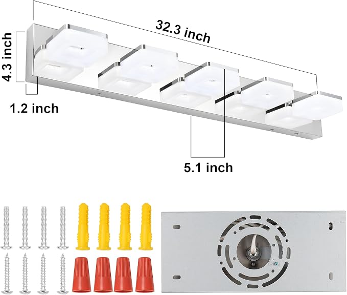 3 Colors Dimmable Bathroom Light Fixtures over Mirror LED Chrome Vanity Lighting Fixtures Acrylic Stainless Steel 5 Light Bathroom Vanity Light Fixtures, Adjustable 3000K/4000K/6000K, 360° Rotate
