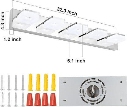3 Colors Dimmable Bathroom Light Fixtures over Mirror LED Chrome Vanity Lighting Fixtures Acrylic Stainless Steel 5 Light Bathroom Vanity Light Fixtures, Adjustable 3000K/4000K/6000K, 360° Rotate