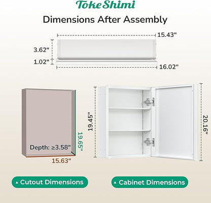 TokeShimi 16 x 20 White Recessed Medicine Cabinet with Mirror, Assembly Required, Bathroom Medicine Cabinet with Mirror, Stepless Adjustable Shelves, Beveled Aluminum Frame, DTC Hinge