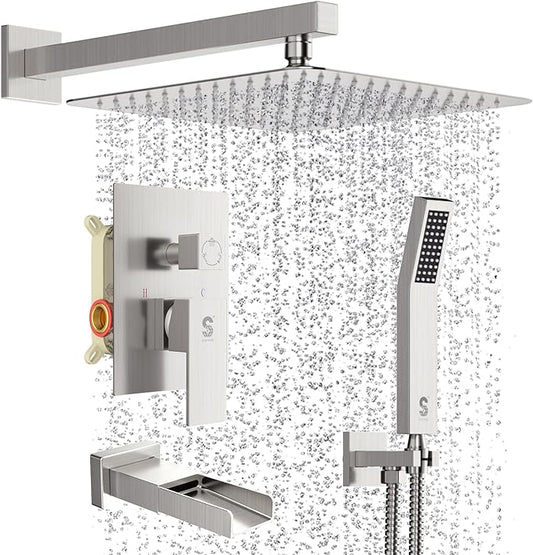 SR SUN RISE 12 Inches All Metal Square Shower System with Tub Spout, Tub Shower Faucet Set, High Pressure Rain Shower Head and Handheld Sprayer Combo Shower Fixtues, Valve Included, Brushed Nickel