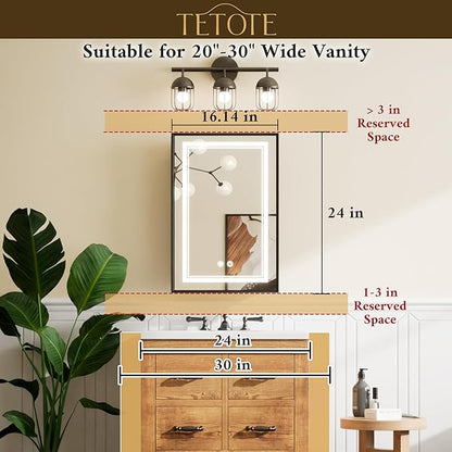 TETOTE Black Lighted Medicine Cabinet with Tempered Glass Mirror 16 x 24 Black Metal Led Recessed Medicine Cabinet for Bathroom with Lights and Storage, 3 Color Dimming, Anti-Fog, 2 Outlets
