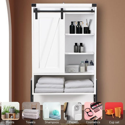 Over Toilet Storage Cabinet with Barn Door & Adjustable Shelves | 24 Inch Wide Bathroom Organizer, Space-Saving, Sturdy Wood, Anti-Tipping, Easy Assembly, for Restroom, Laundry, Small Spaces