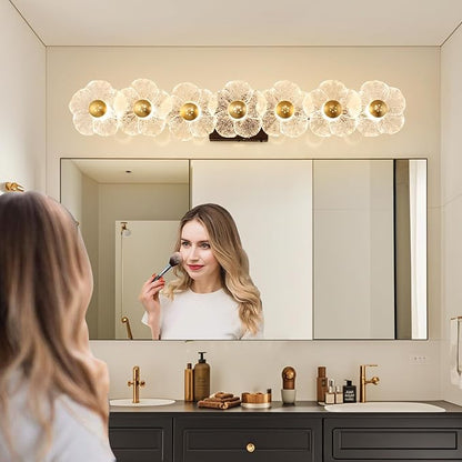 MantoLite Bathroom Light Fixtures Modern Vanity Light Over Mirror Adjustable 3000K-6000K Picture Lights Art Light with Floral Clear Glass Shades for Living Room Bedroom Wall Sconces (7 Light Black)