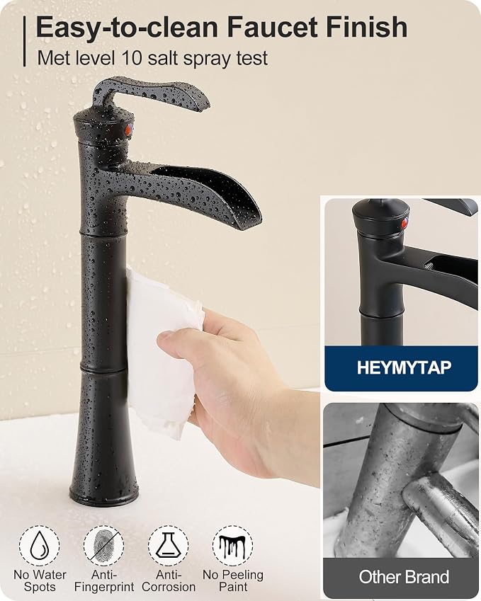 Black Waterfall Tall Bathroom Faucet Single Hole, Brass Bathroom Vessel Sink Faucet Single Handle with Pop-Up Drain & Pre-Installed Hoses, No Noise