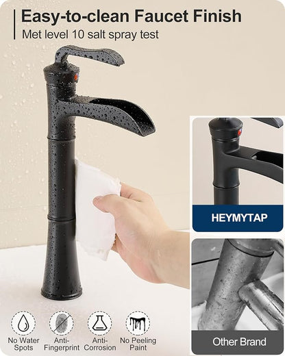 Black Waterfall Tall Bathroom Faucet Single Hole, Brass Bathroom Vessel Sink Faucet Single Handle with Pop-Up Drain & Pre-Installed Hoses, No Noise