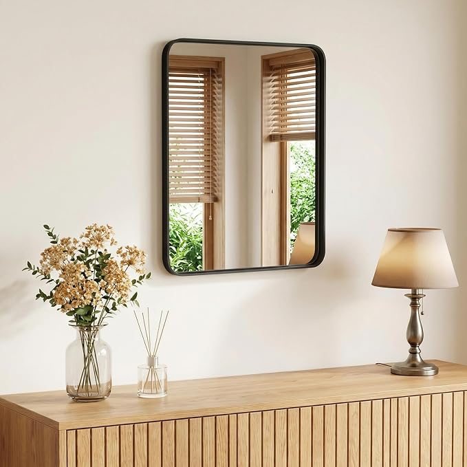 Sweetcrispy Bathroom Mirror 20x16 Inch, Vanity Mirror for Wall | Metal Framed Rounded Rectangle, Over Sink, Farmhouse, Restroom, Anti-Rust, Horizontal or Vertical Hanging, Black