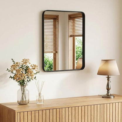 Sweetcrispy Bathroom Mirror 20x16 Inch, Vanity Mirror for Wall | Metal Framed Rounded Rectangle, Over Sink, Farmhouse, Restroom, Anti-Rust, Horizontal or Vertical Hanging, Black