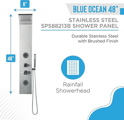 Blue Ocean 48" Stainless Steel SPS88213B Shower Panel Tower Column with Rainfall Shower Head and Handheld Shower