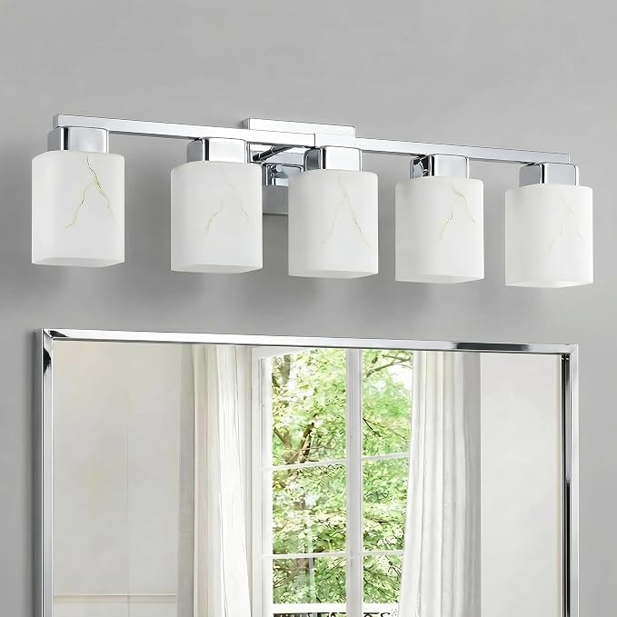 5-Light Square Bathroom Light Fixture, Chrome Modern Vanity Light with White Marble Glass Shade, for Bathroom Mirror, Living Room, Bedroom, Hallway, E26 Base