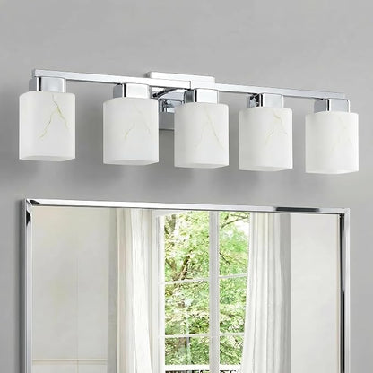 5-Light Square Bathroom Light Fixture, Chrome Modern Vanity Light with White Marble Glass Shade, for Bathroom Mirror, Living Room, Bedroom, Hallway, E26 Base