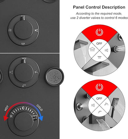 Stainless Steel Shower Panel Tower System Rain Massage System 6 IN 1 Body Spray Jets Shower Wall Panels Rainfall Waterfall Shower Head Tub Spout with Temperature Display,Matte Black