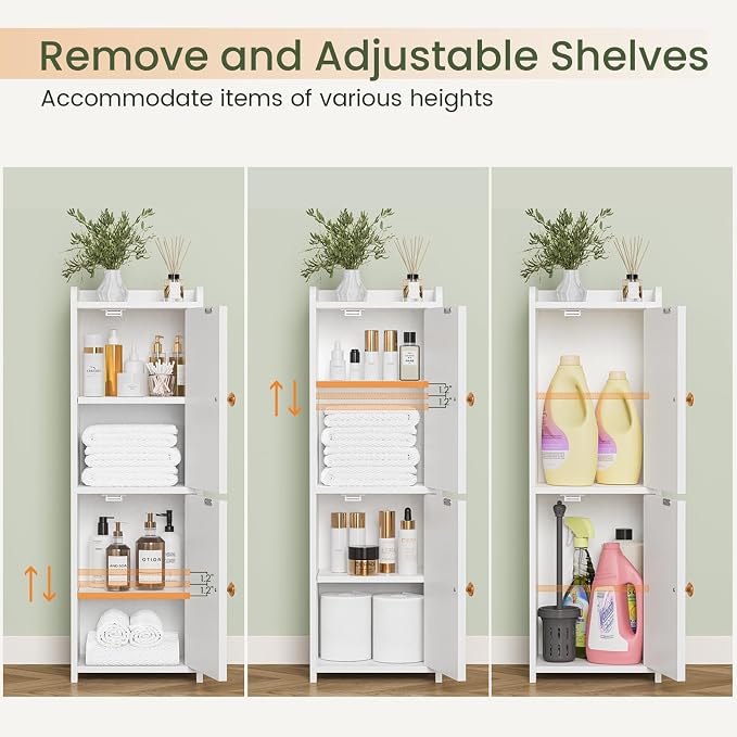 Snughome Bathroom Storage Cabinet, Small Bathroom Cabinet with 2 Doors & Adjustable Shelf, Narrow Toilet Paper Cabinet for Small Spaces, White, 7.9" D x 9.8" W x 29.5" H