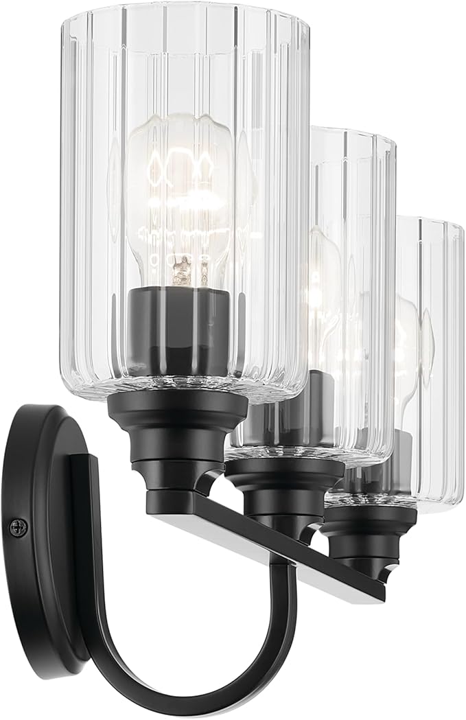 Kichler Gioe 24.25" 3-Light Vanity Light with Clear Fluted Glass in Black, Damp Rated, for Bathroom, Powder Room, Over a Mirror, (24.25" W x 10.5" H), 55226BKFLU