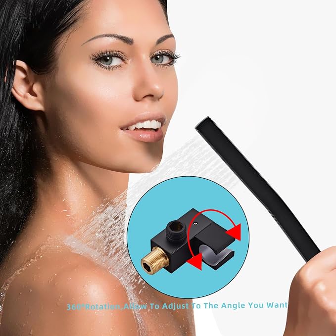 Black square hand shower head, handheld shower head with hose,brass High pressure flushing With adjustable water supply elbow Wall mount connector Shower bracket and hose set