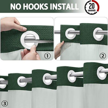 No Hook Shower Curtain and Liner Set,Dark Green Hotel Waffle Shower Curtain with Liner 75" L x 72" W