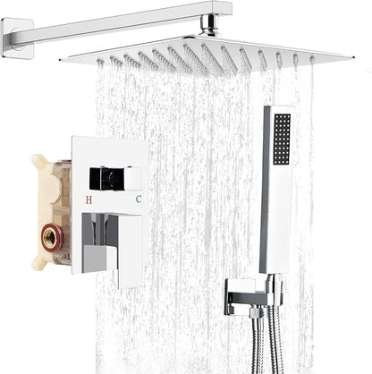 10 Inch Shower Faucet Set,Silver Shower System With Handheld | High Pressure Head with Shower Trim Kit & Handheld Shower Valve,Multi-function Rainfall,Rain Shower & Handheld Spray Combo