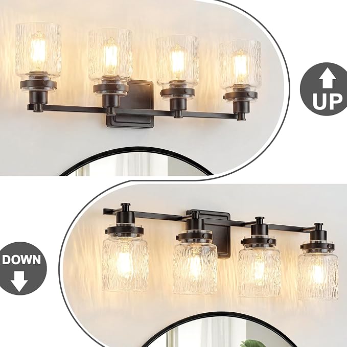 4 Light Bathroom Light Fixtures Farmhouse Black Vanity Lights | ETL Certificate, Easy to Install,Wall Mount Up or Down,Hammered Glass Lampshade,E26 Socket,Hardwired,120V