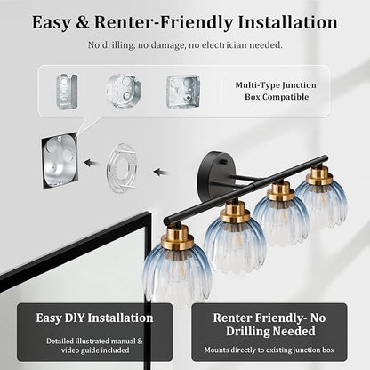 TALOYA Bathroom Vanity Light Fixtures, 4-Light Black and Gold Wall Lights for Mirror with Gradient Blue Tulip Glass Shades, Over Sink Lighting for Bedroom, Living Room, Hallway,Farmhouse