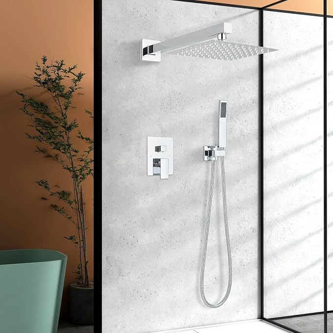 Shower Faucet Polished Chrome Shower System with 8 Inches Rain Shower Head and Handheld Spray Bathroom Luxury Rain Shower Faucet Set Complete Wall Mounted
