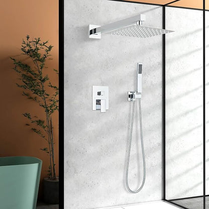 Shower Faucet Polished Chrome Shower System with 8 Inches Rain Shower Head and Handheld Spray Bathroom Luxury Rain Shower Faucet Set Complete Wall Mounted