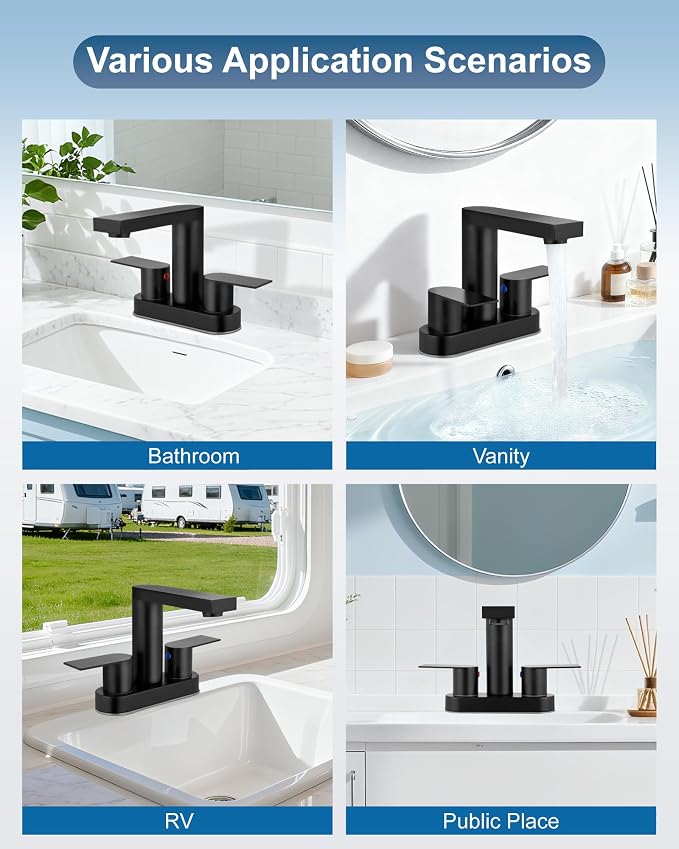 Matte Black Bathroom Sink Faucet,4 Inch Centerset,Two Handle | Lead-Free SUS304 Stainless Steel 2 or 3-Hole Centerset Bathroom Faucet,Pop-Up Drain & cUPC Supply Lines for Vanity Sinks & RV