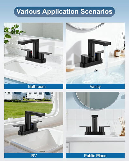 Matte Black Bathroom Sink Faucet,4 Inch Centerset,Two Handle | Lead-Free SUS304 Stainless Steel 2 or 3-Hole Centerset Bathroom Faucet,Pop-Up Drain & cUPC Supply Lines for Vanity Sinks & RV