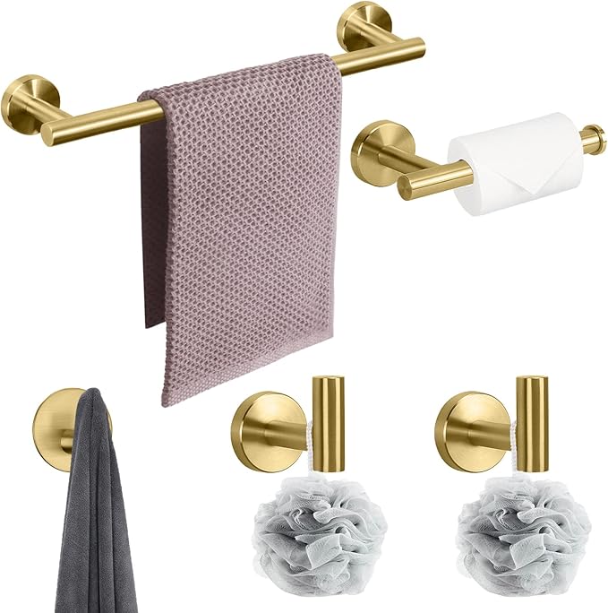 NearMoon Bathroom Hardware Set SUS 304 Thicken Stainless Steel-Towel Bar Set Include 16" Towel Rod, Toilet Paper Holder, Multifunctional Hooks Bathroom Accessories (Brushed Gold, 5 Pcs)