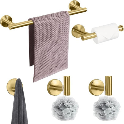 NearMoon Bathroom Hardware Set SUS 304 Thicken Stainless Steel-Towel Bar Set Include 16" Towel Rod, Toilet Paper Holder, Multifunctional Hooks Bathroom Accessories (Brushed Gold, 5 Pcs)