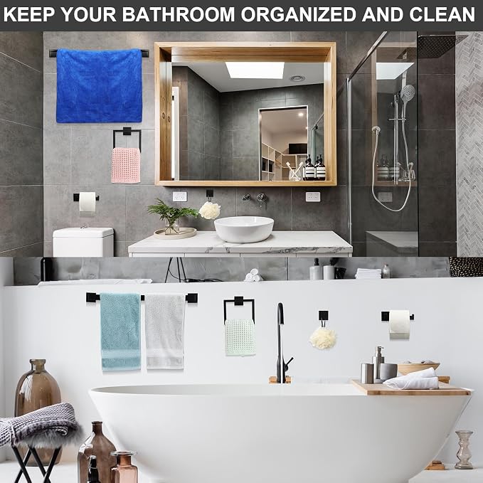 Gisafai 30 Pcs Black Bathroom Hardware Accessories Set 23.6 Inch Bath Towel Bar Kit Stainless Steel Bathroom Hardware Set Towel Racks Ring Robe Hooks Paper Holder for Wall Mounted