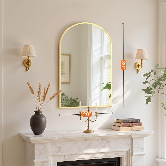 Sweetcrispy 20"x30" Arched Bathroom Mirror, Bathroom Mirrors for Over Sink | Modern Wall Mirrors Arch Decorative for Entryway, Bedroom, Vanity,Horizontal or Vertical Hanging, Gold