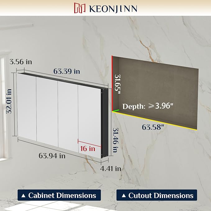Keonjinn 64" x 32" Black Large Medicine Cabinet with Mirror, Tempered Glass | Assembly Required, Lightweight Aluminum Frame, Adjustable Shelves, Surface Mount or Recessed, Clear Reflection, Soft Close