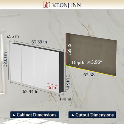 Keonjinn 64" x 32" Black Large Medicine Cabinet with Mirror, Tempered Glass | Assembly Required, Lightweight Aluminum Frame, Adjustable Shelves, Surface Mount or Recessed, Clear Reflection, Soft Close