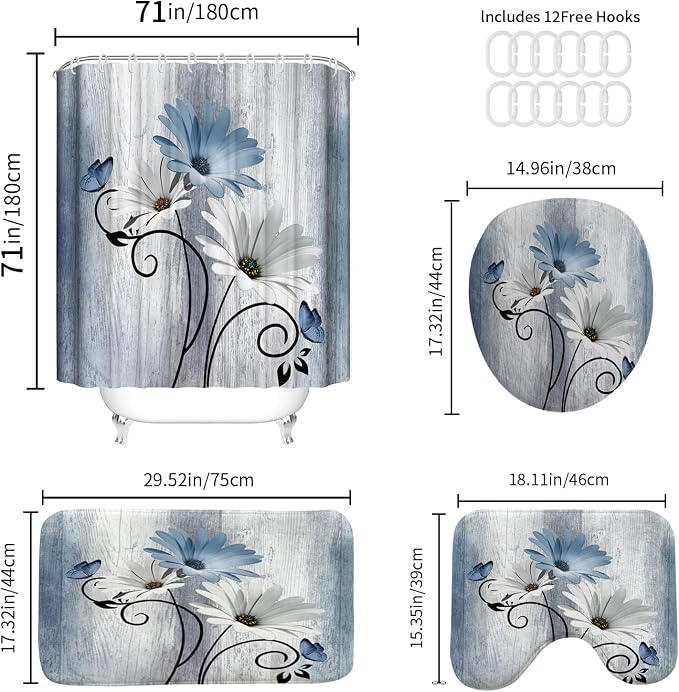 Onalasyc 4PCS Blue Daisy Floral Bathroom Sets with Shower Curtain and Rugs | Country Floral Butterfly Shower Curtain Set,Modern Bathroom Decor Shower Curtains Set with Rugs Toilet Lid Cover and 12 Hooks