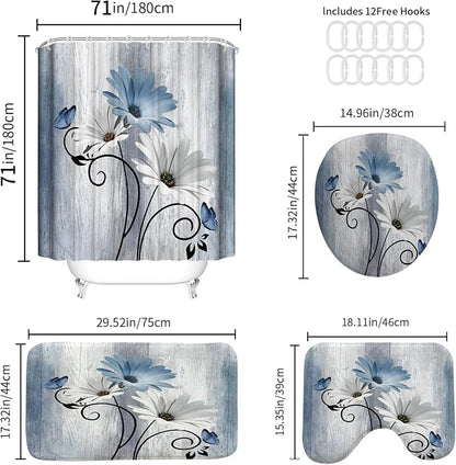 Onalasyc 4PCS Blue Daisy Floral Bathroom Sets with Shower Curtain and Rugs | Country Floral Butterfly Shower Curtain Set,Modern Bathroom Decor Shower Curtains Set with Rugs Toilet Lid Cover and 12 Hooks