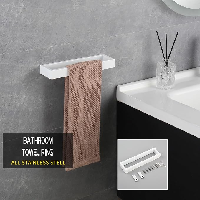 GERZWY SUS304 Stainless Steel Towel Holder Towel Hanger Towel Ring for Bathroom Lavatory Wall Mount Contemporary Style, White