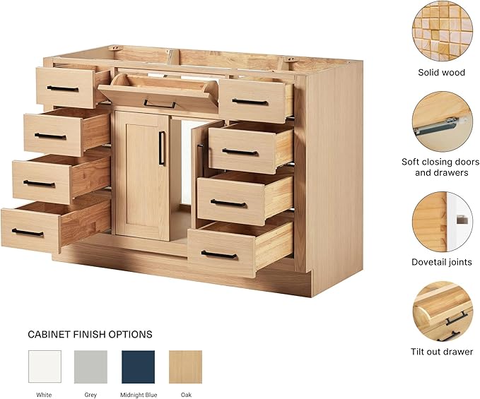 ARIEL Hepburn 48-inch Bathroom Vanity Base Cabinet,Solid Wood, 2 Soft Closing Doors, 9 Dovetail Drawers, White Oak