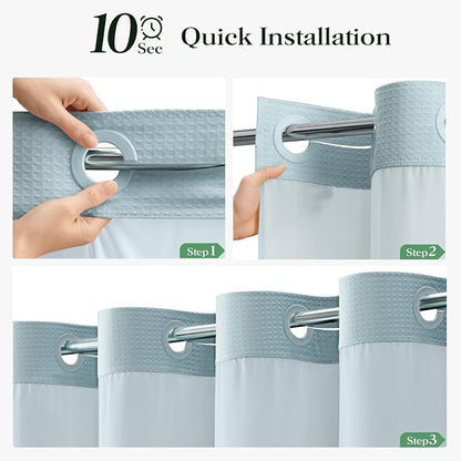 Fog Blue Hook Free Waffle Shower Curtain & Snap-in Liner,72x87 | Less Time to install, 3 in 1 Fabric Shower Curtain and Liner Set with Magnets, Extra Long, Shower Curtains for Bathroom