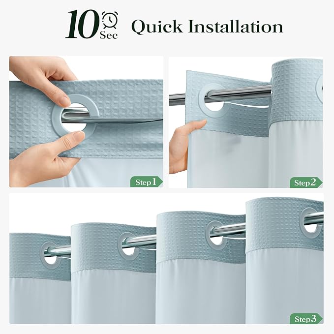 Fog Blue Hook Free Waffle Shower Curtain & Snap-in Liner,72x81 | Less Time to install, 3 in 1 Fabric Shower Curtain and Liner Set with Magnets, Long, Shower Curtains for Bathroom