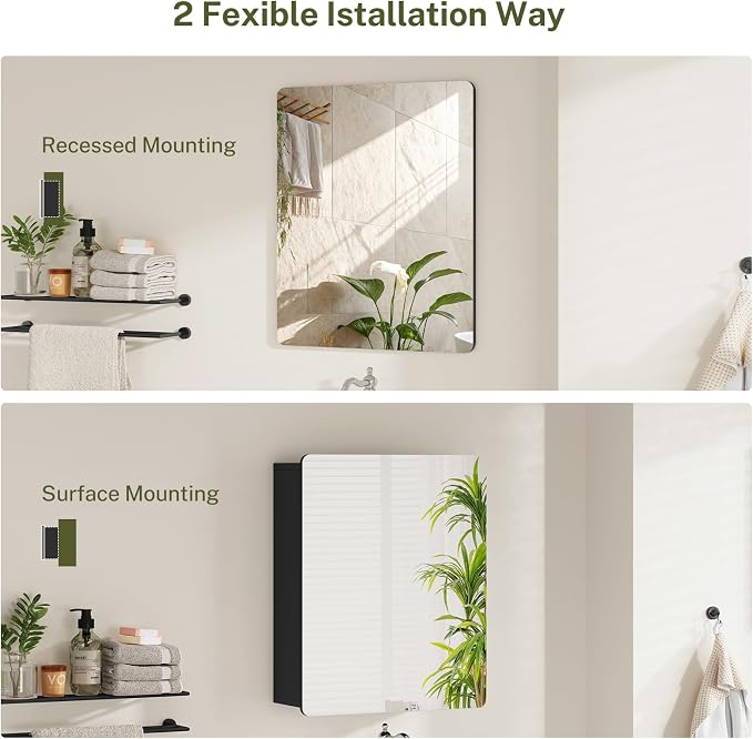 Medicine Cabinet Mirror with 2 Adjustable Shelves, Bathroom Mirror with Storage, Recessed or Wall Mount Bathroom Cabinet, Black UNGGX004H