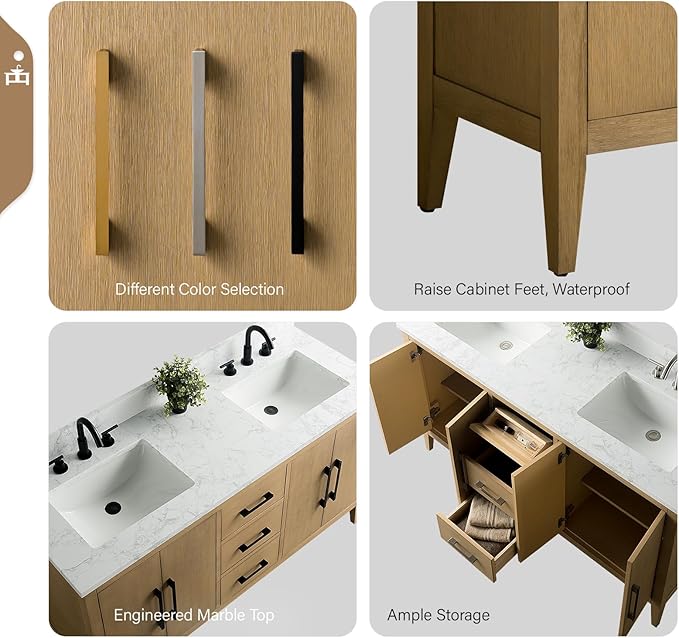 Vanity Art 60 inch Bathroom Vanity with Double Sink & Ceramic Top, Vanity Cabinet with Soft-Closing Doors, Drawers, Solid Wood Frame, Natural Oak, VVA9060-DNO-MB1