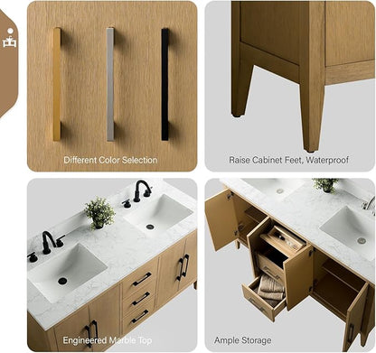 Vanity Art 60 inch Bathroom Vanity with Double Sink & Ceramic Top, Vanity Cabinet with Soft-Closing Doors, Drawers, Solid Wood Frame, Natural Oak, VVA9060-DNO-MB1