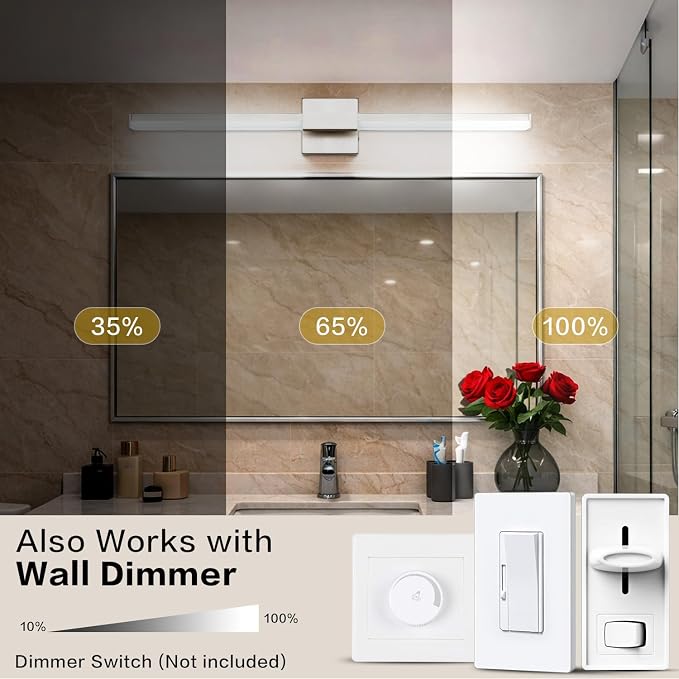 SOLFART Bathroom Light Fixture Dimmable: Brushed Nickel 24-Inch Built-in Step Dimming Vanity Lights for Bathroom ETL IP44