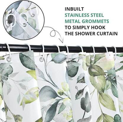 Sage Green Eucalyptus Shower Curtain, Watercolor Leaves Plant Spring Floral Waterproof Fabric Machine Washable with Hooks for Bathroom Bathtub 72x72
