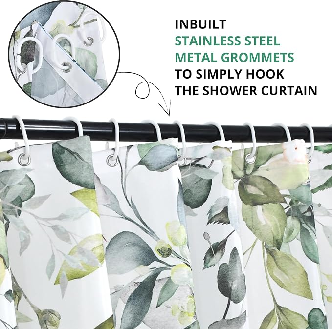 Sage Green Eucalyptus Extra Long Shower Curtain, Watercolor Leaves Plant Spring Floral Waterproof Fabric Machine Washable with Hooks for Bathroom Bathtub 72Wx84H