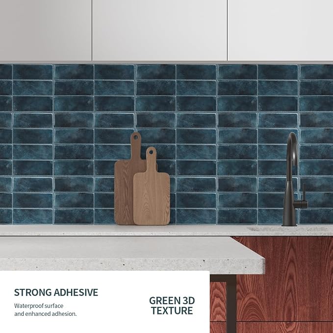 Peel and Stick Backsplash 3D Wall Tiles,Self-Adhesive,Oil Proof,Waterproof, Removable Wall Panels for Kitchen & Bathroom,Modern Design, Easy Install (10.7ft，12x9 inch,14 Pack) (Blue)