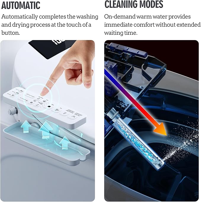 Heated Bidet Toilet Seat with Dual-Position Control Mode, Side Panel & Remote Control, Self-Cleaning Nozzle, Adjustable Warm Water and Dryer, Display Screen, Night Light, Elongated