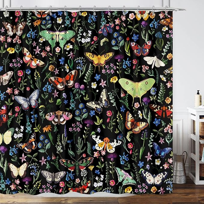 Boho Butterfly Floral Shower Curtain, Bright Abstract Bohemian Plant Flower Botanical Moth Shower Curtains, Black Modern Aesthetic Chic Fabric Shower Curtain Bathroom Accessories 12 Pack Hooks, 72X72
