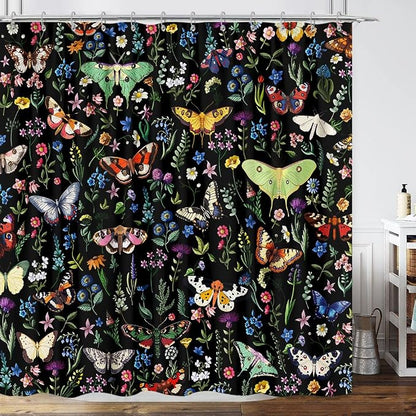 Boho Butterfly Floral Shower Curtain, Bright Abstract Bohemian Plant Flower Botanical Moth Shower Curtains, Black Modern Aesthetic Chic Fabric Shower Curtain Bathroom Accessories 12 Pack Hooks, 72X72