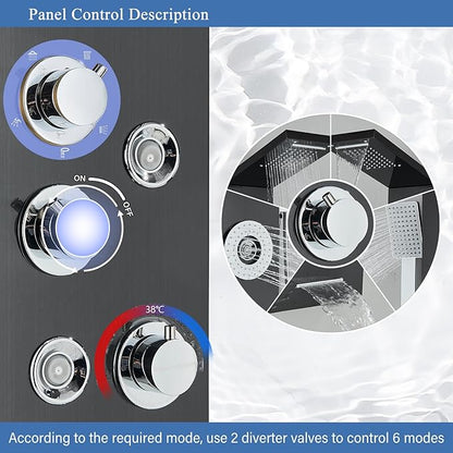 AlenArt Shower Panel Tower System Rainfall Waterfall Shower Head with Body Jets Stainless Steel Rain Massage System 5-Function High Pressure Shower Panel Tower System,HFT8029