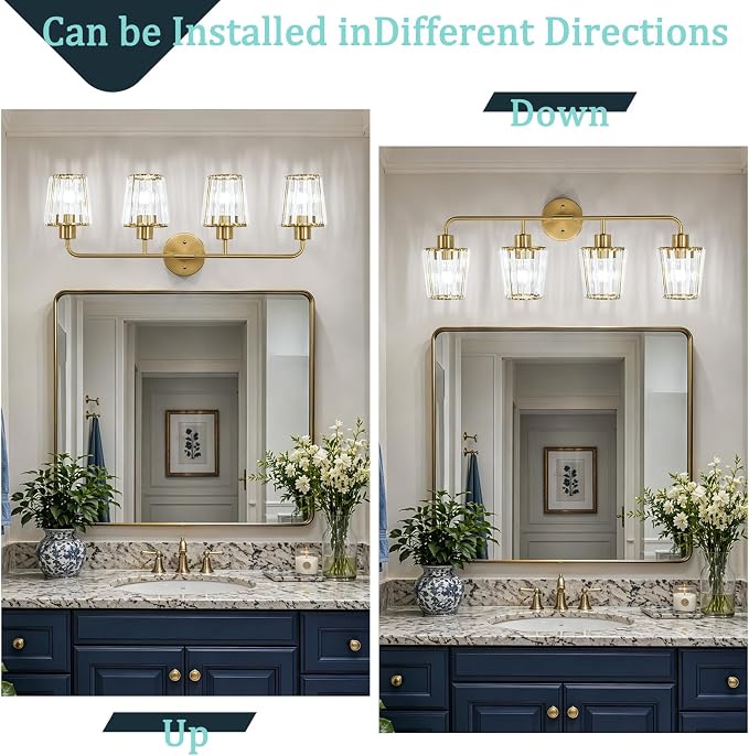 Brushed Gold Vanity Lights, 4-Light Crystal Bathroom Light Fixtures | Modern Bathroom Vanity Light E26 Wall Light over Mirror (Exclude Bulb)